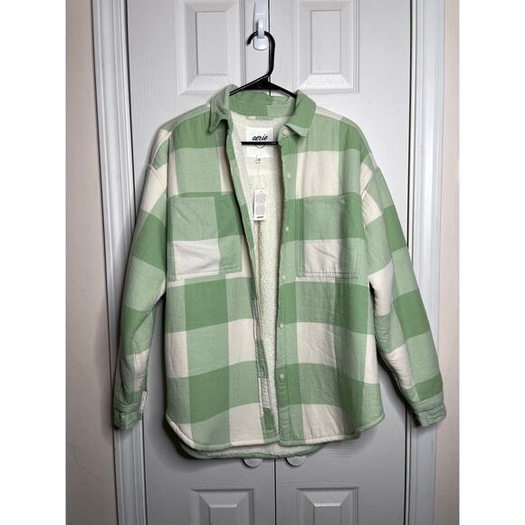 NEW Aerie Green Plaid Sherpa Lined Oversized Shacket Size XS - Picture 1 of 6